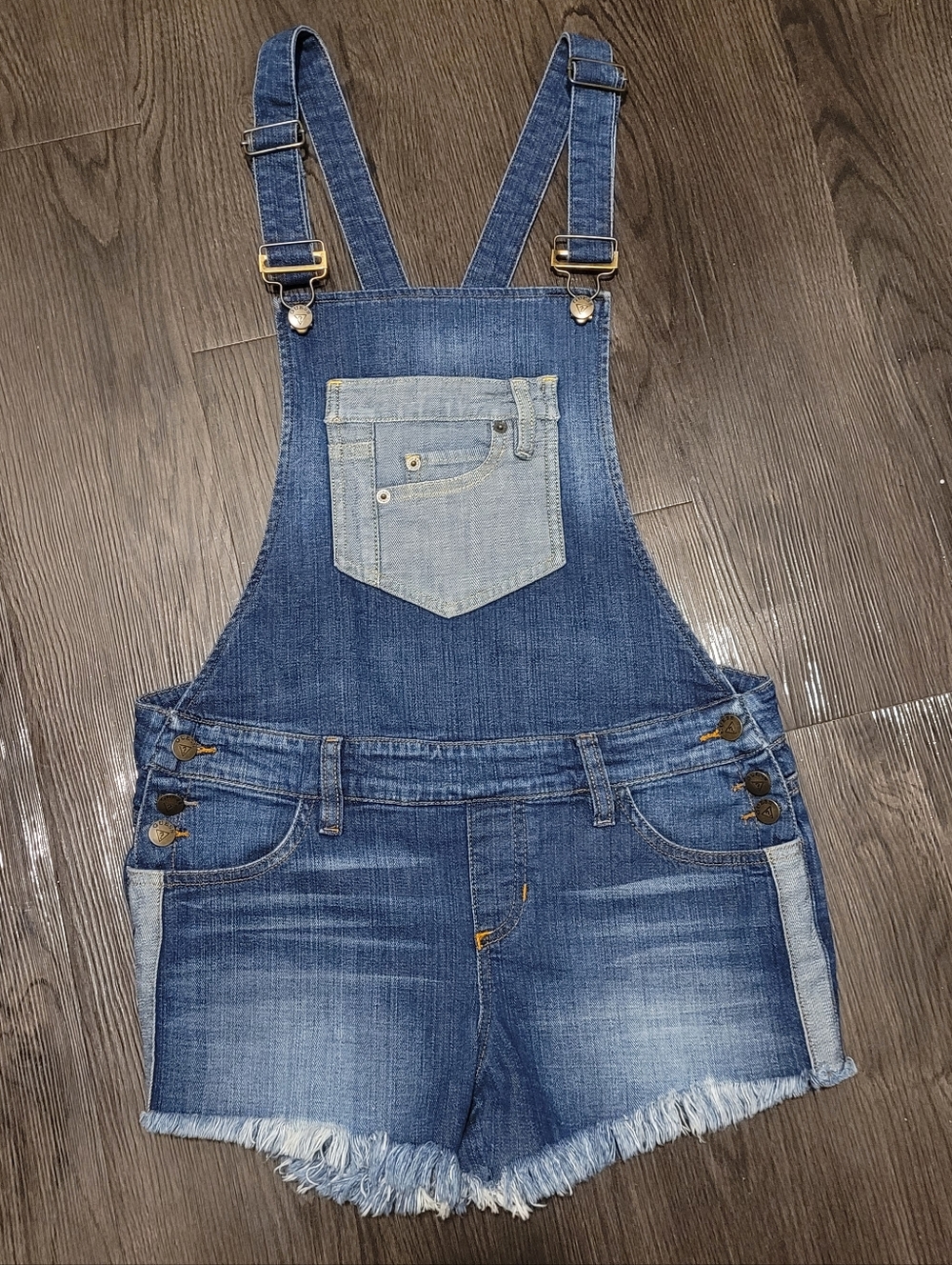 GUESS Denim Shortalls Two-Tone Colorblock Overalls Frayed Hem Medium 90s Y2K